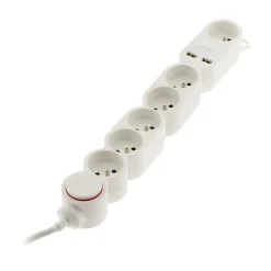 Multiprise ZENITECH 6 prises + 2 USB-A avec interrupteur Blanche - Cable 1.5m
